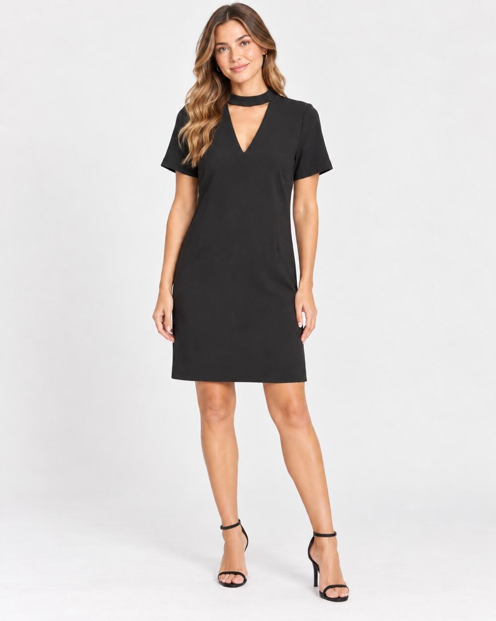 Bishop + Young Dress Women S Black Choker Neck V Cutout Mini Shift 34”